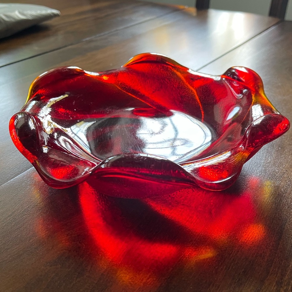 MCM Fenton Ruby Red Cadmium (Glows) Swirl Freeform Glass Trinket Dish 8”